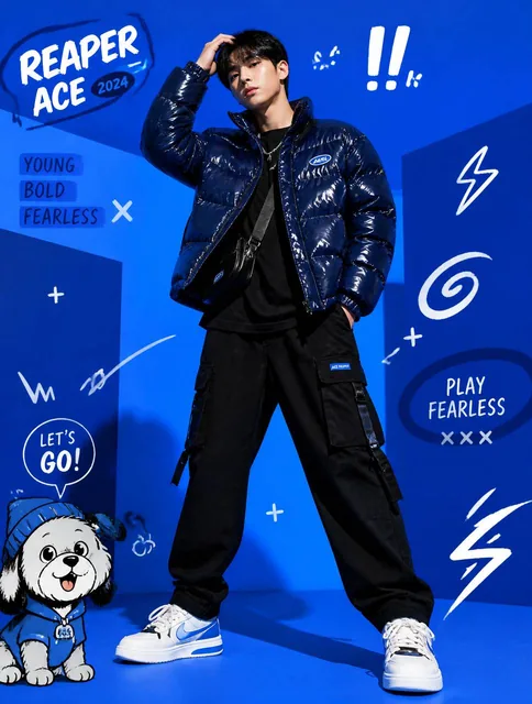 A full-body fashion editorial scene against a vibrant electric-blue studio background with layered geometric blue shapes