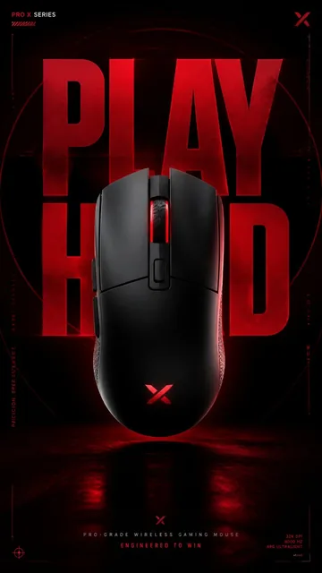 A premium advertising poster for a new gaming mouse launch, featuring the mouse centrally floating against a black and crimson background with bold 'PLAY HARD' typography.