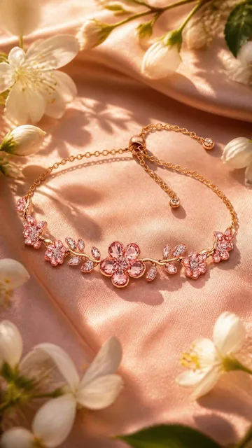 A premium rose-gold floral bracelet [image1] elegantly arranged on soft blush-pink satin fabric, photographed in a high-