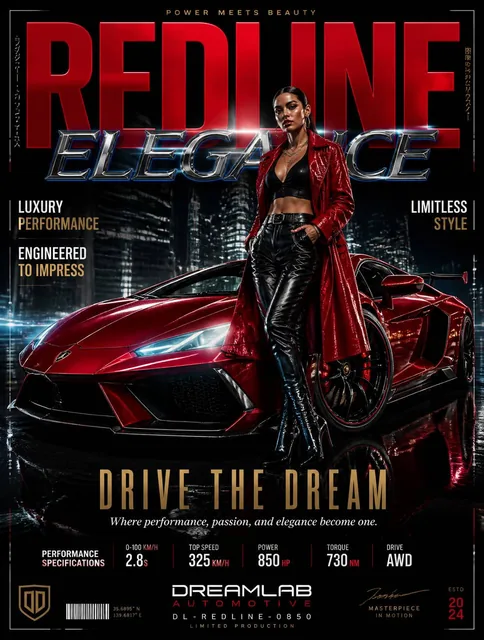Ultra-premium automotive fashion poster featuring a stunning glossy red sports car parked in a futuristic urban environm