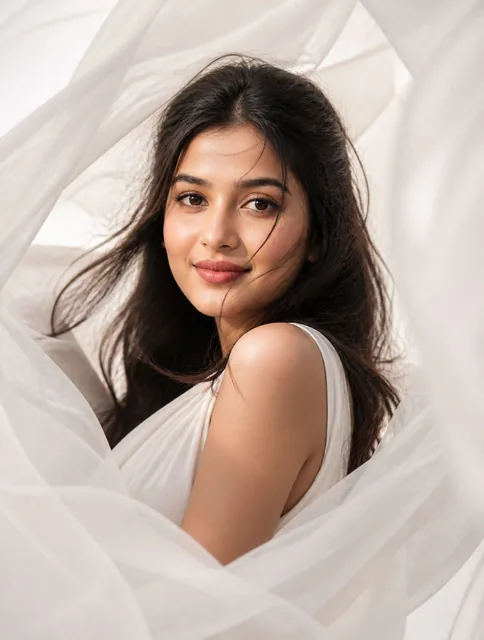 Ultra realistic fashion portrait of a beautiful woman surrounded by flowing translucent white fabric, soft wind blowing