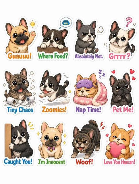 Cute illustrated chibi french bulldog sticker-pack, fluffy kitten design, expressive eyes, playful poses, white backgrou