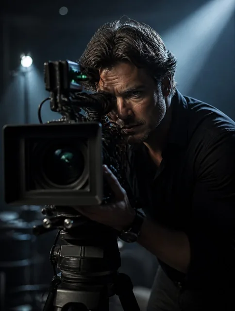 A focused cinematographer operates a professional cinema camera on a tripod, his intense gaze framed by the matte black