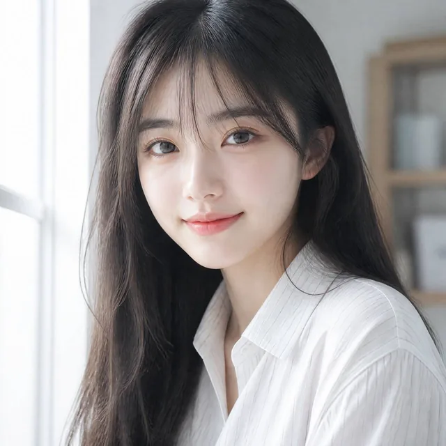 A young woman with long, straight black hair and wispy bangs is positioned in the foreground, captured in a natural indo