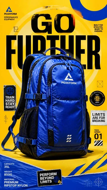 A premium 9:16 advertising poster for athletic accessories, featuring a large cobalt-blue sports backpack centrally placed against a bright yellow background with bold text 'GO FUR