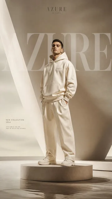 Ultra-luxury clothing brand advertising poster, vertical 9:16 fashion campaign, confident male model wearing an oversize