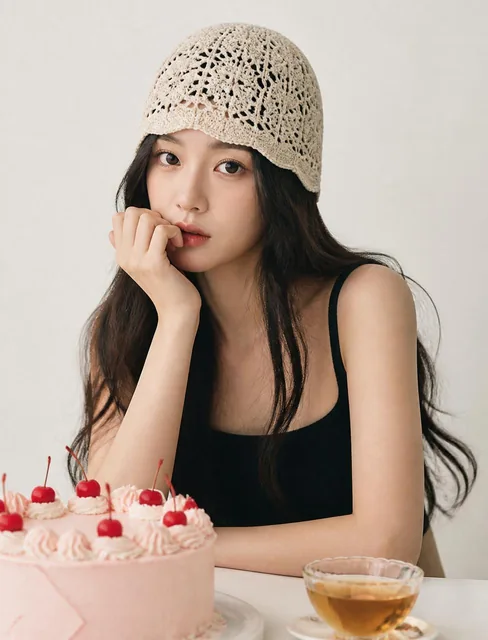 A young woman with long, dark, flowing hair wears a beige, intricate crochet beanie, her hand gently touching her lips i