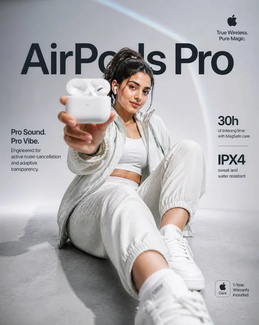 A young woman with a confident expression holds Apple AirPods Pro towards the camera in a premium e-commerce poster with minimalist Apple branding and product details.