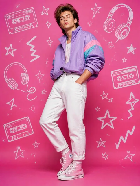 80s Retro PopA young man in a pastel purple windbreaker, white high-waisted jeans, and pink high-top sneakers, posing ag