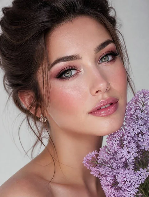 Create a hyper-realistic extreme close-up portrait with a strong emphasis on makeup and fine details. She is posing in a