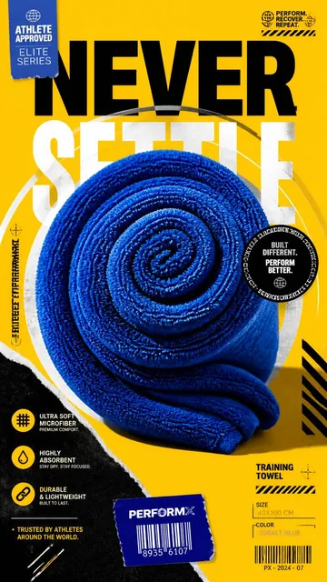 A premium 9:16 advertising poster with a large, rolled cobalt blue sports towel in the center against a bright yellow background, featuring bold text 'NEVER SETTLE'.