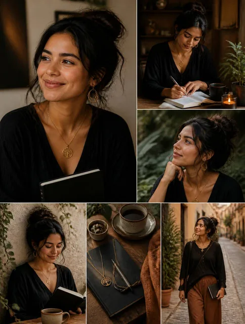 mujer latinoamericana de ~27 años, cabello oscuro recogidoen moño suelto, piel morena cálida, facciones suaves. Llevasie