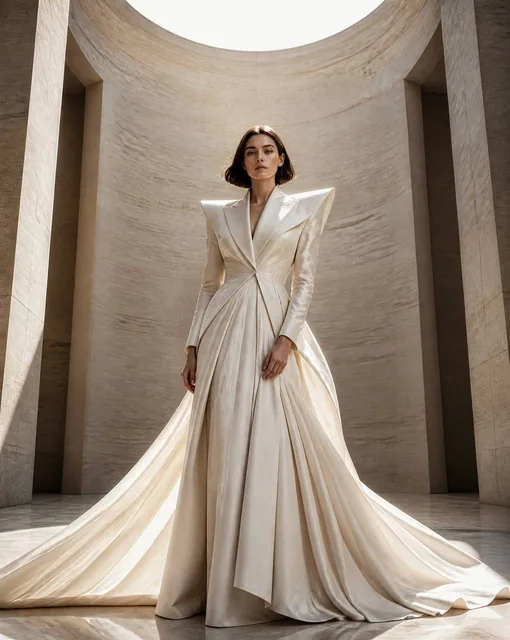Editorial campaign portrait featuring a woman with exceptionally striking facial features: luminous porcelain skin, capt