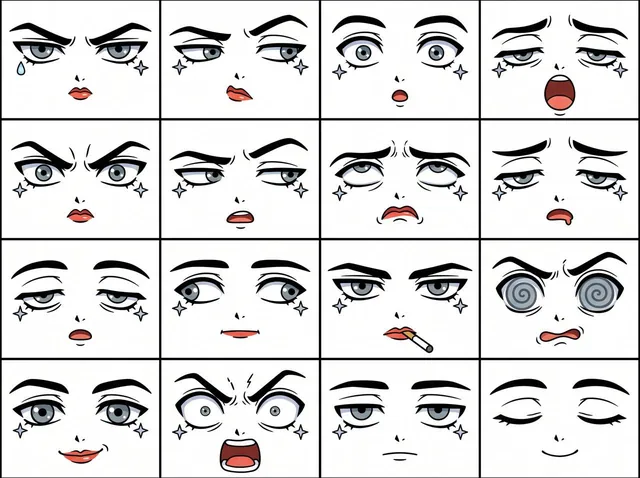 A 4x4 grid of isolated anime facial features for Apachii, each cell containing distinct eyes, eyebrows, and mouths expressing different emotions like anger, surprise, and boredom.