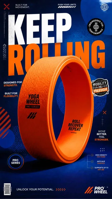 A premium 9:16 advertising poster with a neon orange yoga wheel centered against a deep electric blue background, featuring bold typography and dynamic graphic elements.