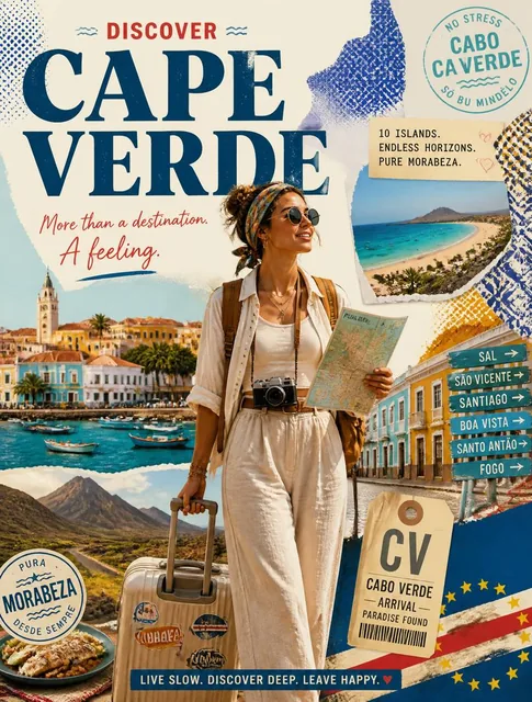 Create a stylized travel poster for [CAPE VERDE].The main subject should be a stylish international tourist (woman) visi