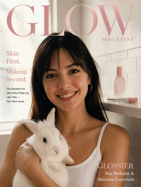 [SUBJECT]: A naturally beautiful girl with glowing no-makeup makeup skin in a white cotton tank top, holding a fluffy wh