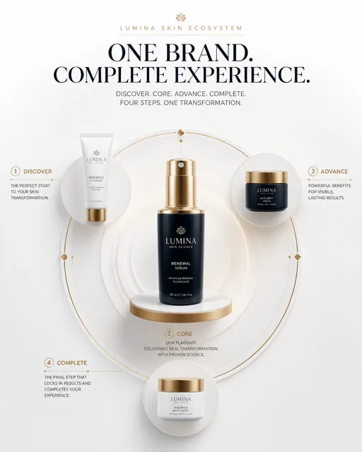 A premium commercial poster system visualizing a brand's product ecosystem with a central hero product surrounded by four connected zones: Discover, Core, Advance, and Complete, ar