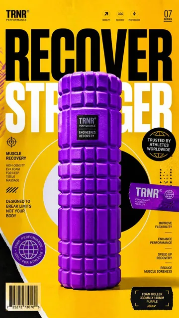 A vertical 9:16 advertising poster with a large neon purple foam roller centered against a bright yellow background, featuring bold text 'RECOVER STRONGER' and dynamic graphic elem