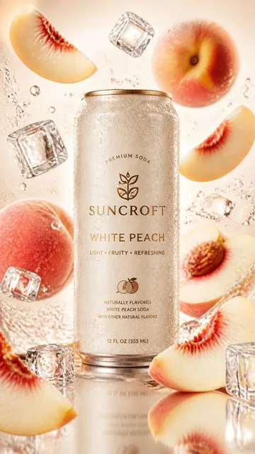 Ultra-luxury beverage advertising poster, vertical 9:16 commercial product photography, premium matte cream soda can pos