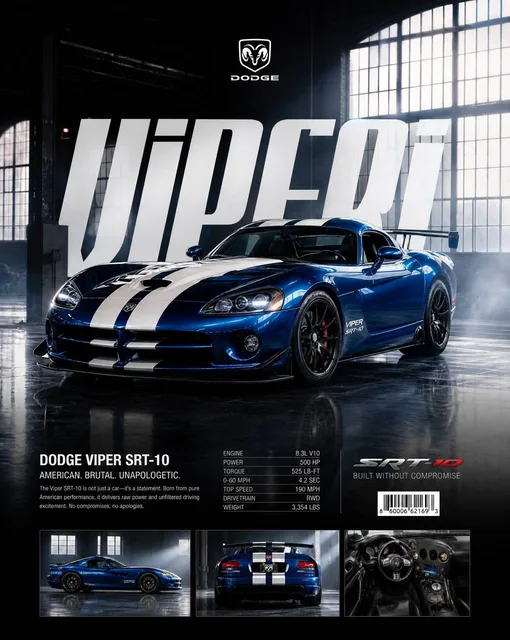 Universal Dodge Viper Style Vehicle Poster Prompt(Use your own vehicle photo as the image reference. Works for cars, bik
