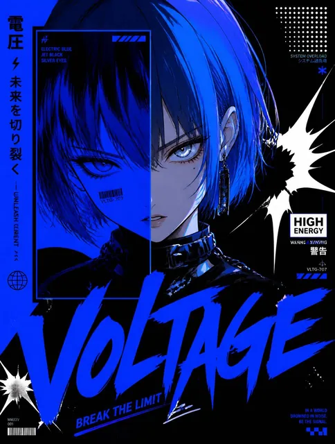 Electric Blue & Jet BlackAnime girl with short electric blue bob haircut and sharp silver eyes, vivid blue tinted rectan