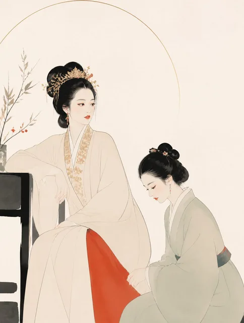 一张极简主义现代杂志风格插画，主体为红楼梦里的王熙凤和平儿。画面以干净流畅的线条塑造形象，造型简洁但富有美感，背景保留大面积留白，配色以柔和中性色为主，并加入少量鲜艳色彩作为视觉焦点。整体构图精致平衡，氛围优雅清新，具有高级杂志插画与现代艺
