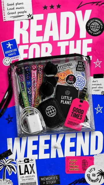 A premium 9:16 lifestyle advertising poster with 'READY FOR THE WEEKEND' typography, featuring a transparent zip pouch filled with festival wristbands, sunglasses, and other essent