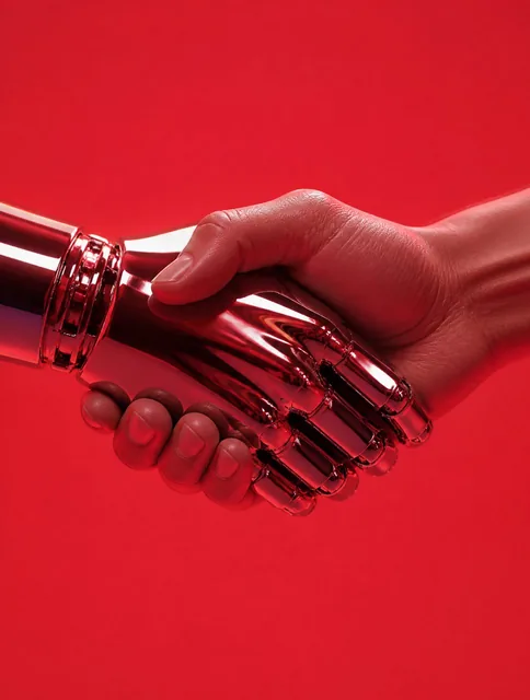 A human hand and a polished chrome robotic hand engage in a firm, symmetrical handshake, centered against a vibrant, mon