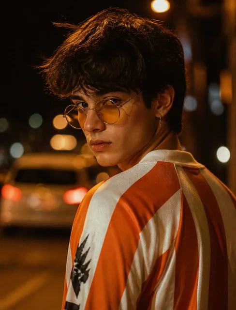 A young person with tousled dark hair and amber-tinted round sunglasses is shown from behind, looking over their shoulder. They wear a striped tracksuit top, set against a moody, b