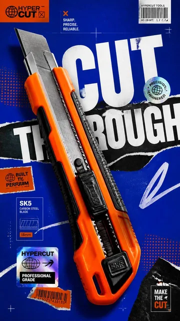 A premium 9:16 advertising poster with a large neon orange utility cutter knife diagonally placed, bold 'CUT THROUGH' typography, and graphic elements on an electric blue backgroun