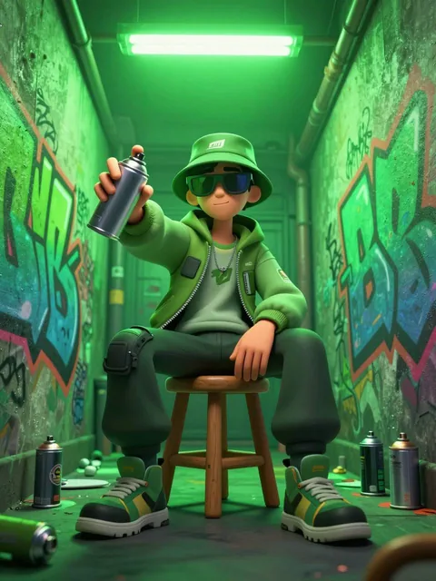 A stylized 3D character with a street-art aesthetic sits on a wooden stool in a narrow, vertical alleyway bathed in inte