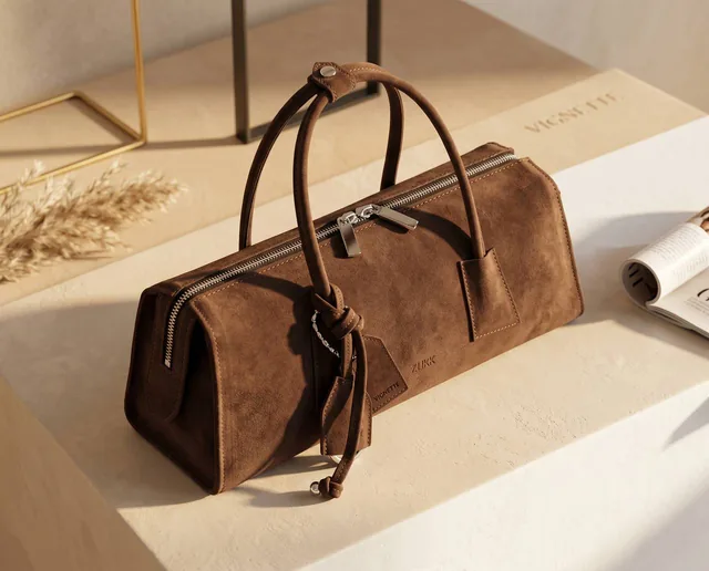 use the reference image to generate an advertisement post of a premium brown leather handbag in a luxury fashion photosh