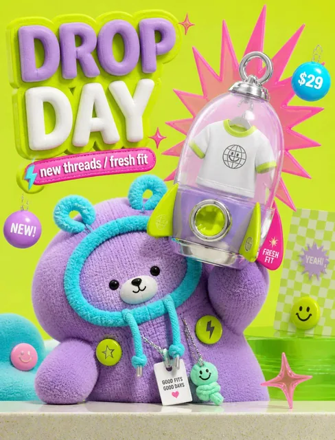A glossy toy-advertising 3D style built from acid lime studio backdrops, oversized fuzzy plush mascots, chunky tech prop