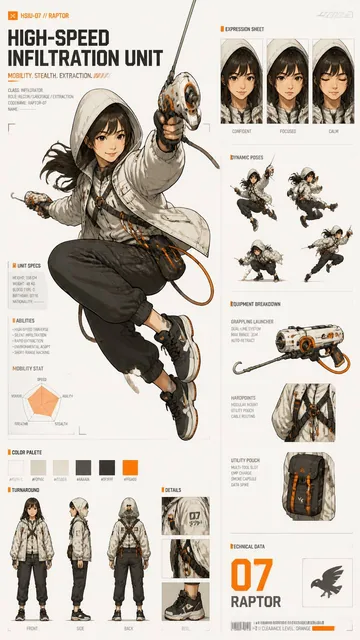 use [image1] to create A dynamic character concept sheet showcases a "High-Speed Infiltration Unit" in a mid-air grappli