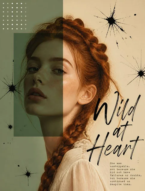 Artistic portrait of a woman with braided red hair, overlapping sage green rectangle with dark tint on face left side, w
