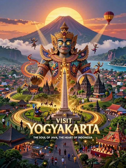 Create a revolutionary tourism poster for Yogyakarta, Indonesia, where the entire region is visualized as a magnificent