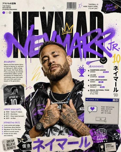 Create an ultra-premium modern Japanese street-art editorial poster featuring NEYMAR JR as the main subject.