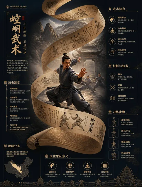 中国非物质文化遗产信息图海报，竖版3:4构图画面中心:展示崆峒武术‌的核心场景(工艺制作/表演/人物操作)，具有强叙事感视觉主结构:一条巨大的丝带/卷轴在空间中盘旋贯穿画面，表面装饰与[主题]相关的传统纹样、历史片段、图案故事背景环境:具有