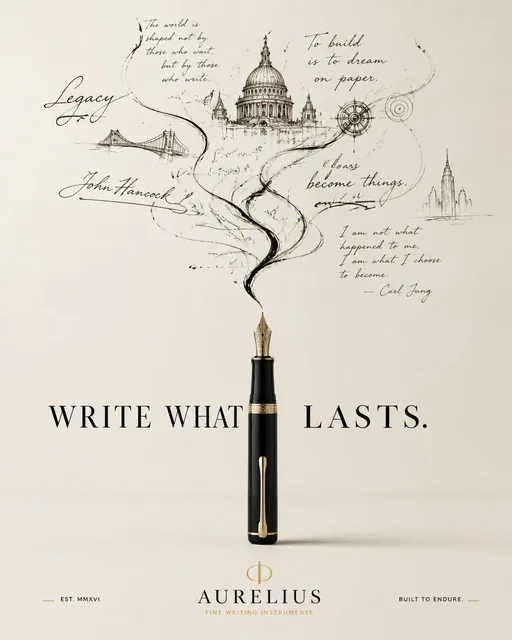 Create a premium advertising poster for a luxury fountain pen.The pen stands upright in the center of a clean ivory back