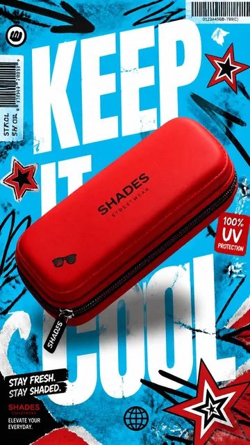 A premium 9:16 advertising poster with a large, bright-red sunglasses case centered against an electric cyan background, featuring 'KEEP IT COOL' typography and urban graphic eleme