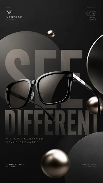 A premium commercial advertising poster for a modern luxury sunglasses brand, featuring sunglasses with bold typography 'SEE DIFFERENT' integrated into the design on a charcoal bac