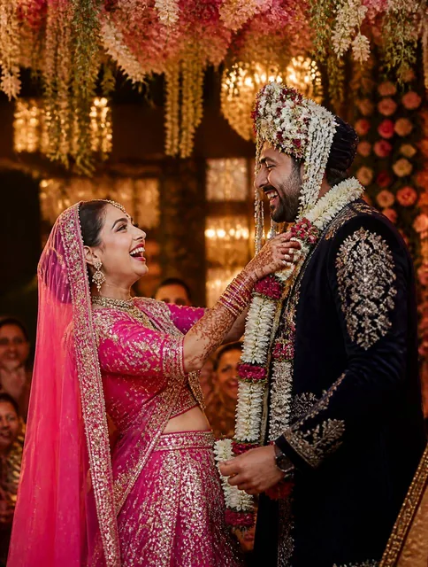 "An ultra-realistic DSLR cinematic portrait of a bride and groom during the varmala exchange at a grand Indian wedding.
