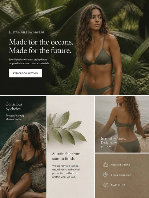 Sustainable eco-friendly swimwear collection, natural organic materials, recycled fabrics, earthy green and beige tones,
