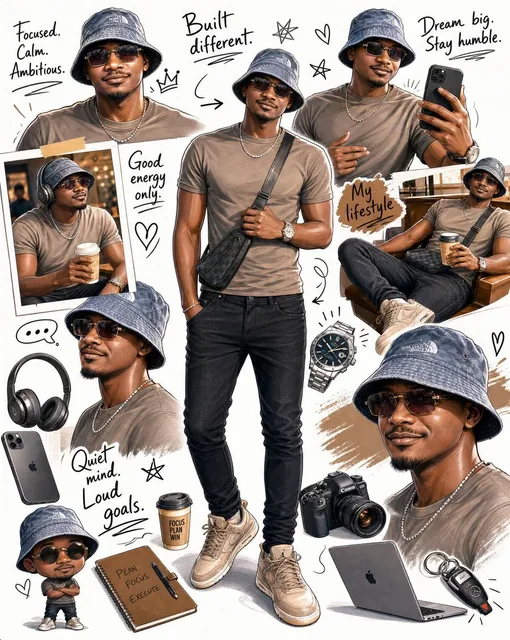 Create a stylish illustrated digital collage / character mood-board of a fashionable young African man in a playful sket