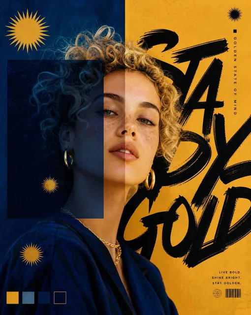Azure & Gold Editorial portrait of a young woman with curly blonde hair, split composition with deep navy blue geometric