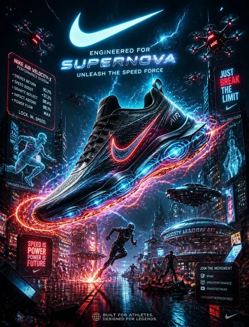 Create an insanely futuristic cinematic sports shoe advertising flyer with a legendary world-building concept that feels