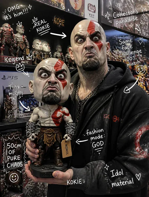 Use the attached reference photo only for identity reference.Create an ultra-realistic collectible Mega games store phot