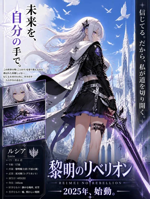 A polished anime-style vertical key visual poster for a futuristic fantasy action series. Center the composition on a fu