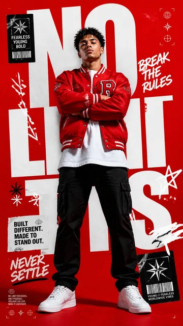 A premium 9:16 streetwear editorial advertising poster.Main Subject:A confident young male model standing in the exact c